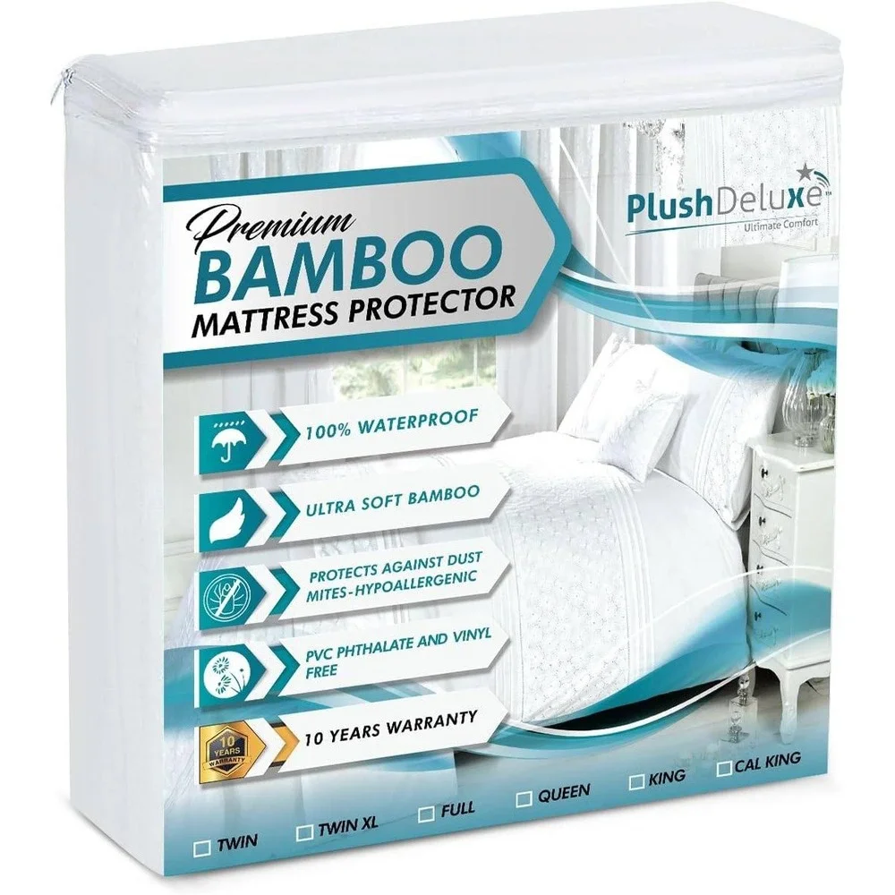 PlushDeluxe Premium Bamboo Mattress Protector Queen Waterproof Hypoallergenic